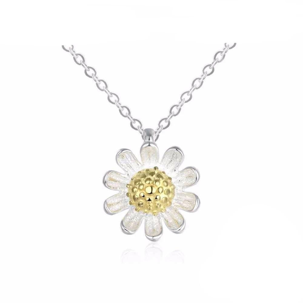 Solid 925 Sterling Silver Necklace for Women with Gold Color Sunflower Pendant-Customized Jewel