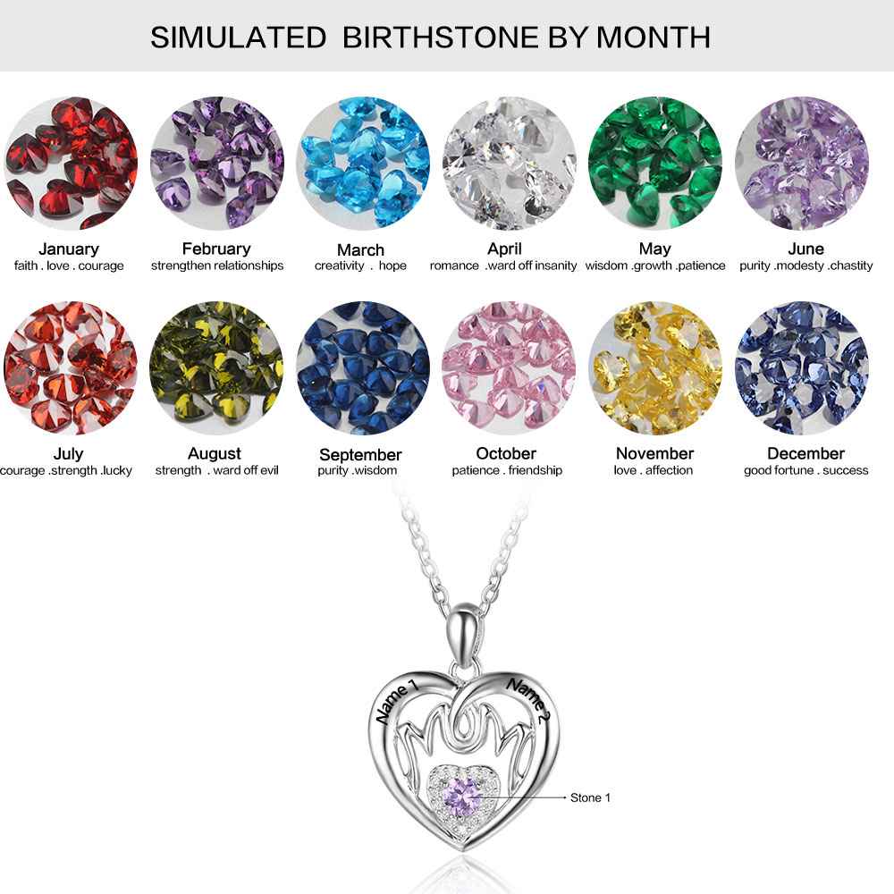 Personalized 925 Sterling Silver Birthstone Necklace with Mom Shape Engrave 2 Names Jewelry Best Gift for Mom-Customized Jewel