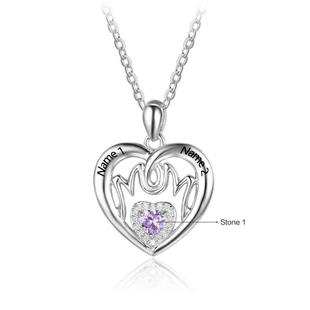 Personalized 925 Sterling Silver Birthstone Necklace with Mom Shape Engrave 2 Names Jewelry Best Gift for Mom-Customized Jewel
