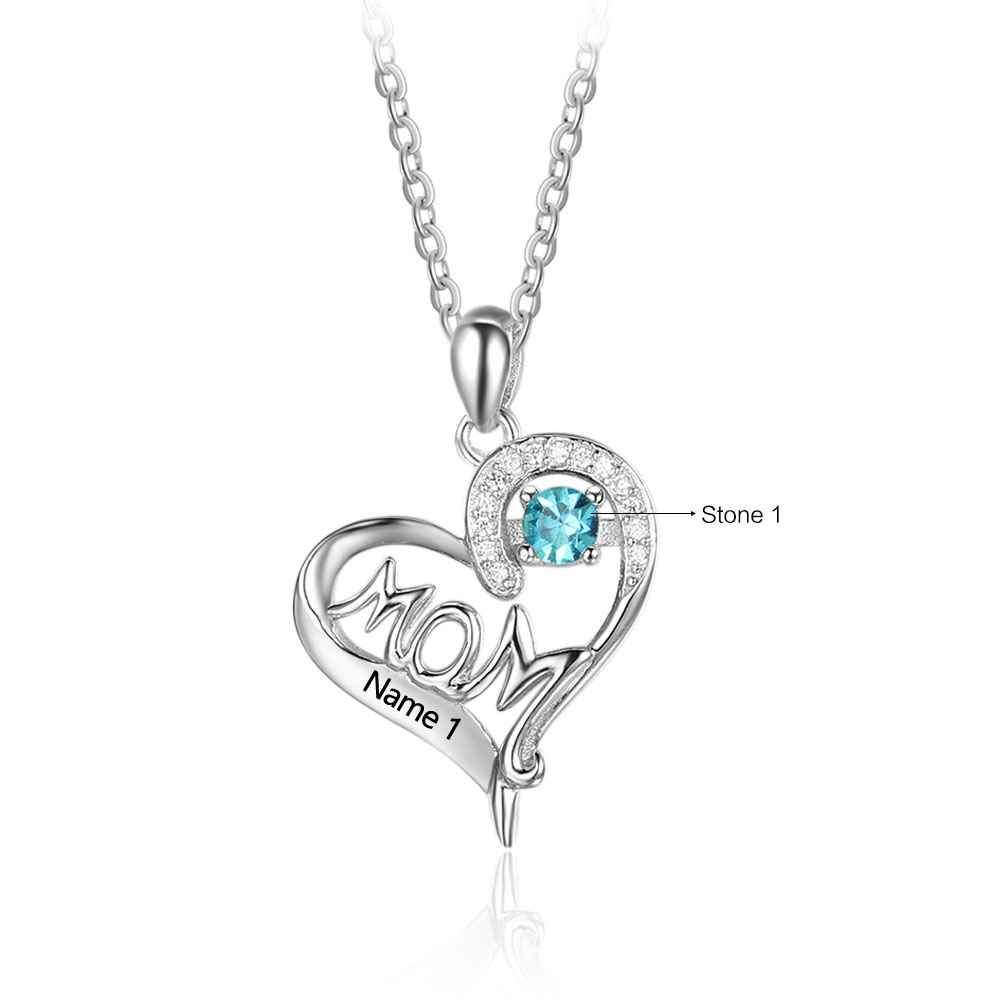 Personalized 925 Sterling Silver Birthstone Necklace with Mom Shape Love and Heart Jewelry Best Gift for Mom-Customized Jewel
