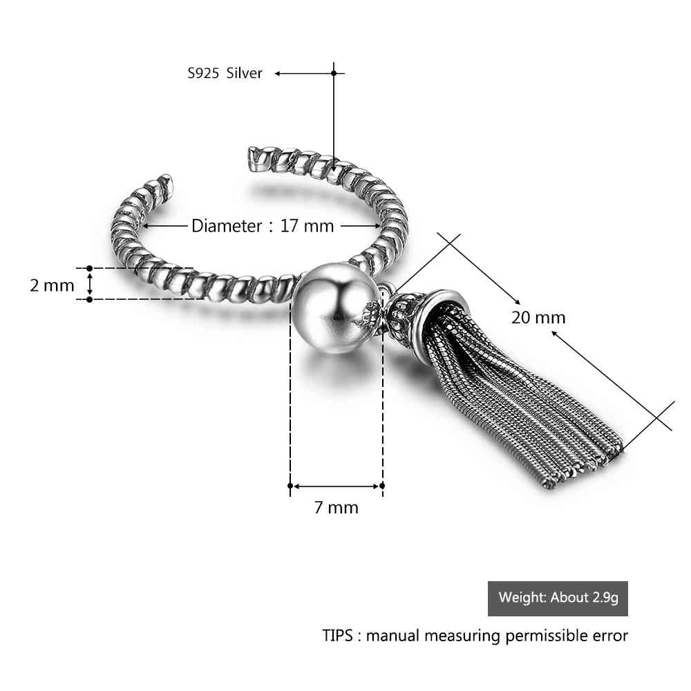 Real 925 Sterling Silver Old Twist Open Rings with Hanging Beads & Tassels for Women – Vintage Style Jewelry -Customized Jewel