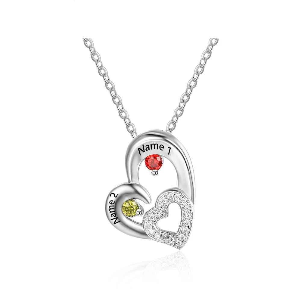 Personalized 925 Sterling Silver 2 Birthstone Necklace Pendants Engraved Heart BirthStones Necklace Mom Gift-Customized Jewel