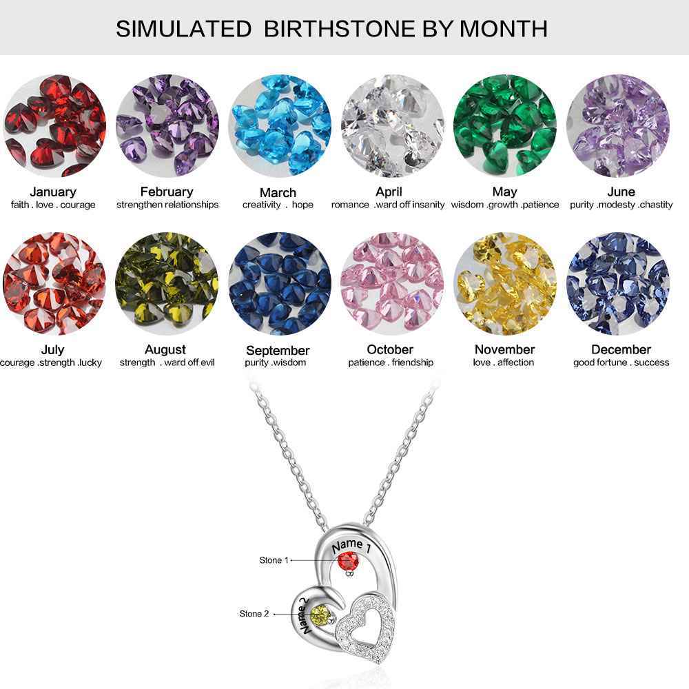 Sterling Silver 2 Birthstone Necklace Pendants Engraved Heart BirthStones Necklace Mom Gift-Customized Jewel