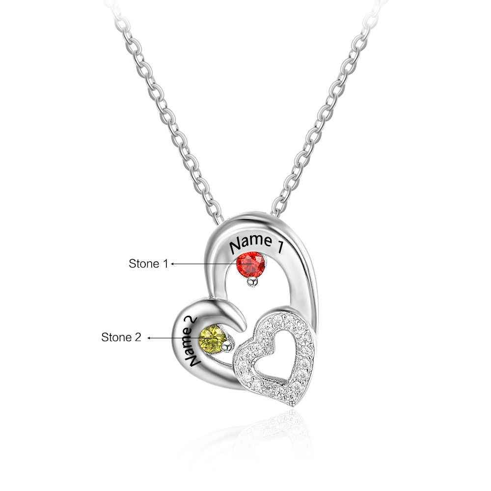 Sterling Silver 2 Birthstone Necklace Pendants Engraved Heart BirthStones Necklace Mom Gift-Customized Jewel