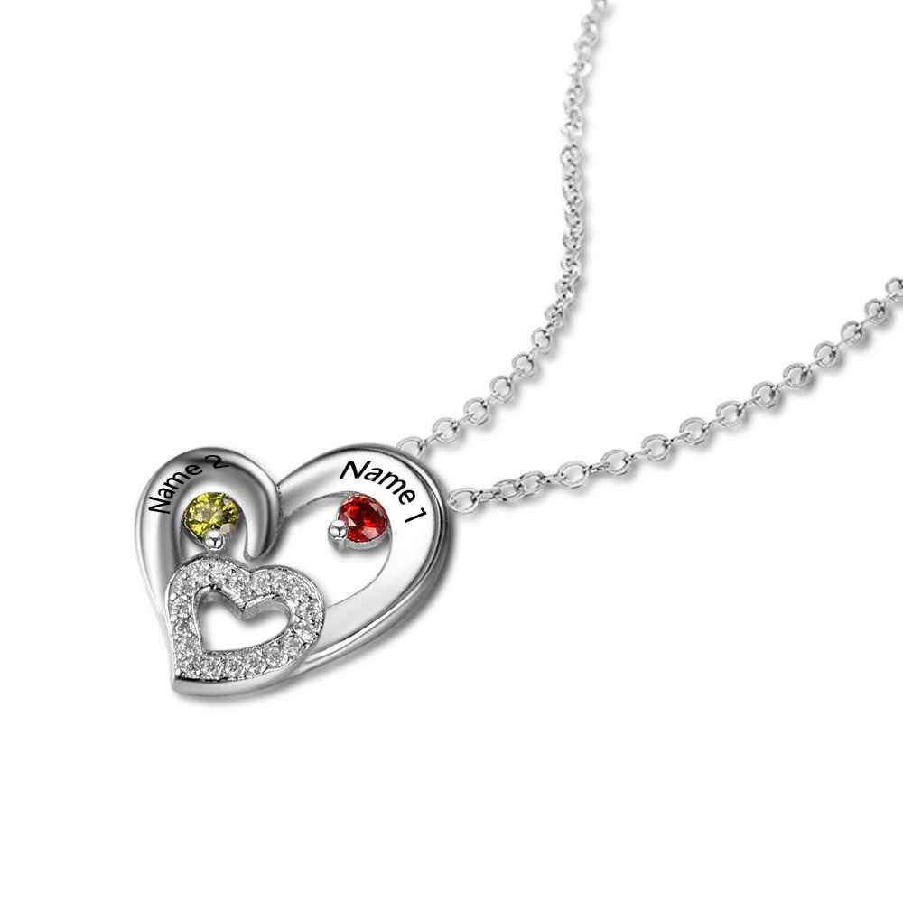 Sterling Silver 2 Birthstone Necklace Pendants Engraved Heart BirthStones Necklace Mom Gift-Customized Jewel