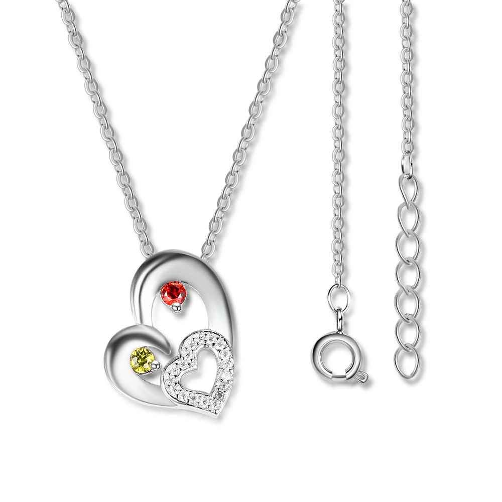 Sterling Silver 2 Birthstone Necklace Pendants Engraved Heart BirthStones Necklace Mom Gift-Customized Jewel