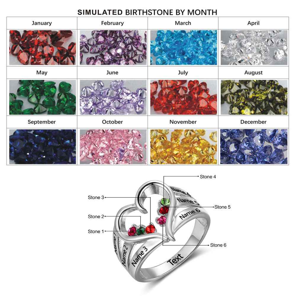 New 925 Sterling Silver Birthstone Ring Engrave Name Engagement Rings Love Heart Shape Rings Free Gift Box-Customized Jewel