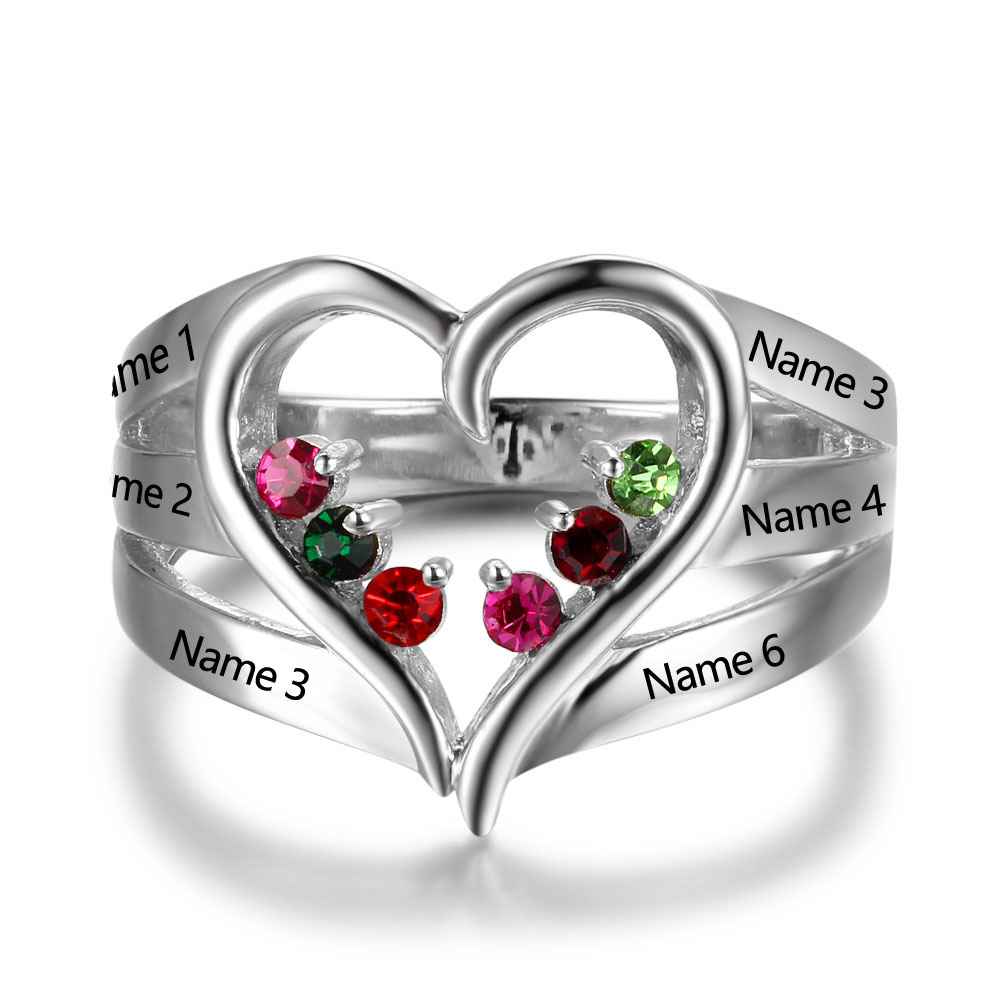 New 925 Sterling Silver Birthstone Ring Engrave Name Engagement Rings Love Heart Shape Rings Free Gift Box-Customized Jewel