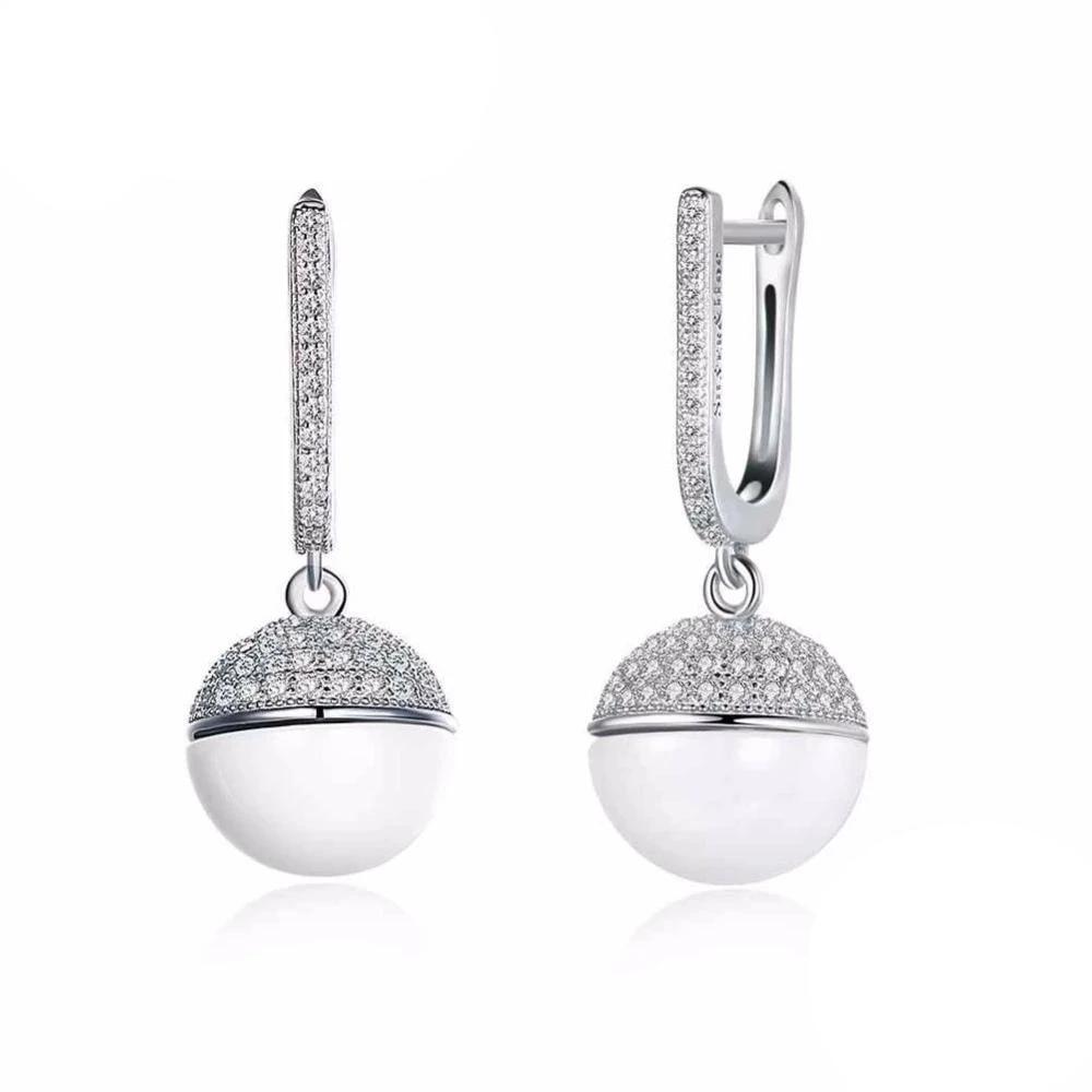 Sterling Silver Drop Earrings Zircon White Ball Ceramic Dangles Fine Jewelry Accessories Gift-Customized Jewel