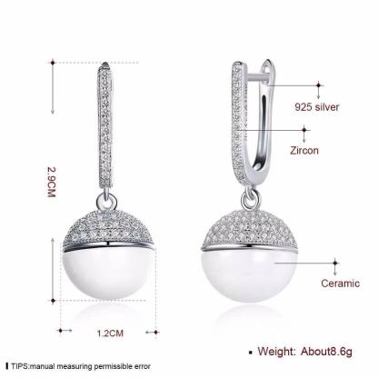 Sterling Silver Drop Earrings Zircon White Ball Ceramic Dangles Fine Jewelry Accessories Gift-Customized Jewel