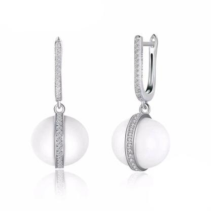 Sterling Silver Drop Earrings White Ball Ceramic CZ Micro Insert Dangles Fashion Jewelry Gift-Customized Jewel