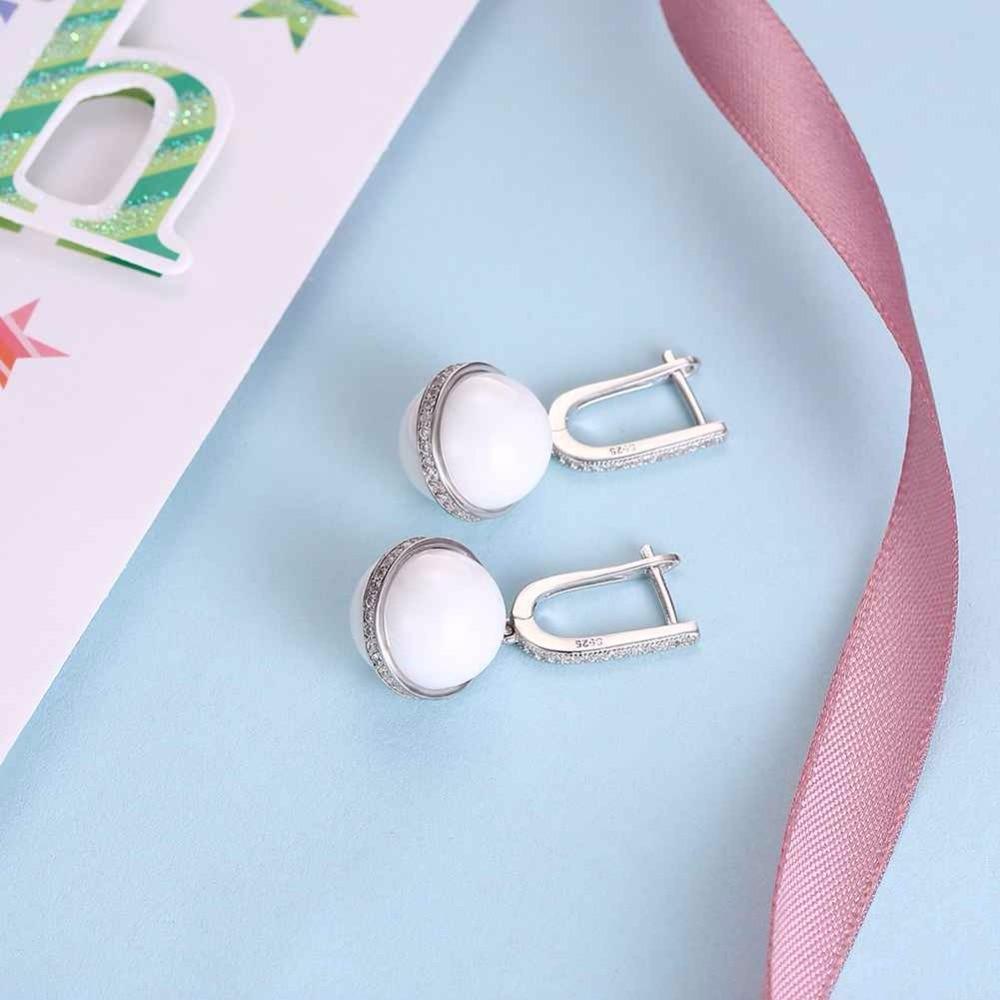 Sterling Silver Drop Earrings White Ball Ceramic CZ Micro Insert Dangles Fashion Jewelry Gift-Customized Jewel