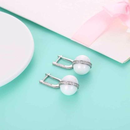 Sterling Silver Drop Earrings White Ball Ceramic CZ Micro Insert Dangles Fashion Jewelry Gift-Customized Jewel