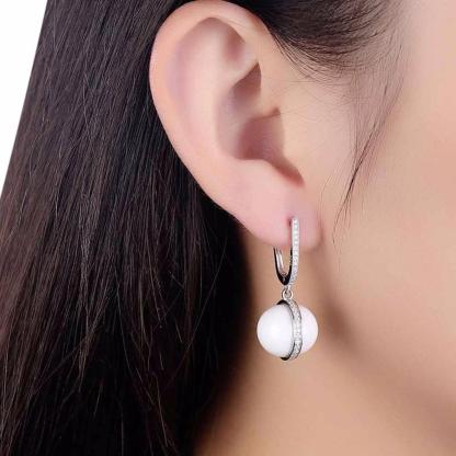 Sterling Silver Drop Earrings White Ball Ceramic CZ Micro Insert Dangles Fashion Jewelry Gift-Customized Jewel