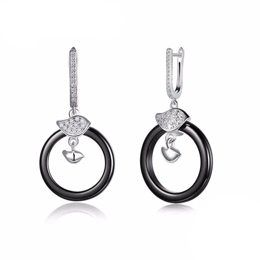 Sterling Silver Female Drop Earrings Trendy Black Round Ceramic Dangle Earrings Jewelry Gift-Customized Jewel