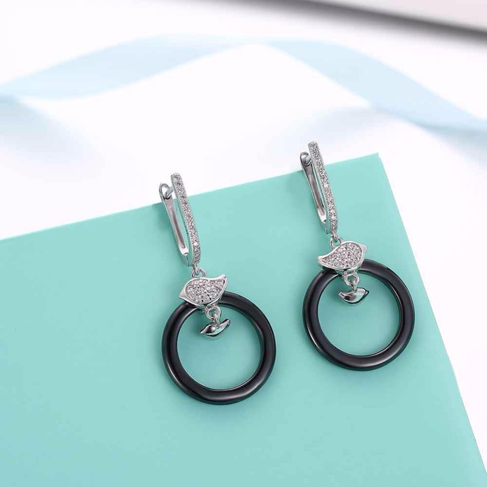 Sterling Silver Female Drop Earrings Trendy Black Round Ceramic Dangle Earrings Jewelry Gift-Customized Jewel