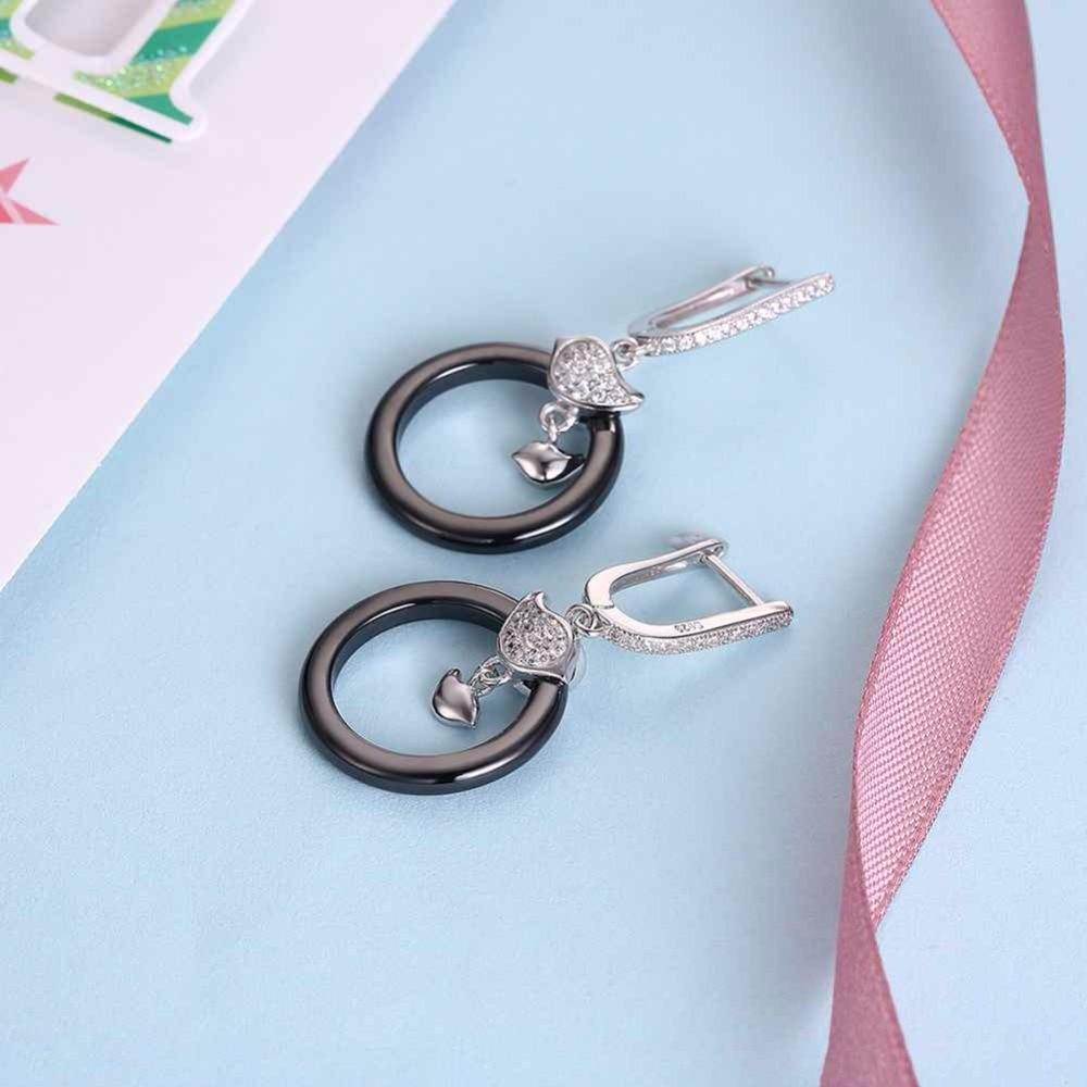 Sterling Silver Female Drop Earrings Trendy Black Round Ceramic Dangle Earrings Jewelry Gift-Customized Jewel