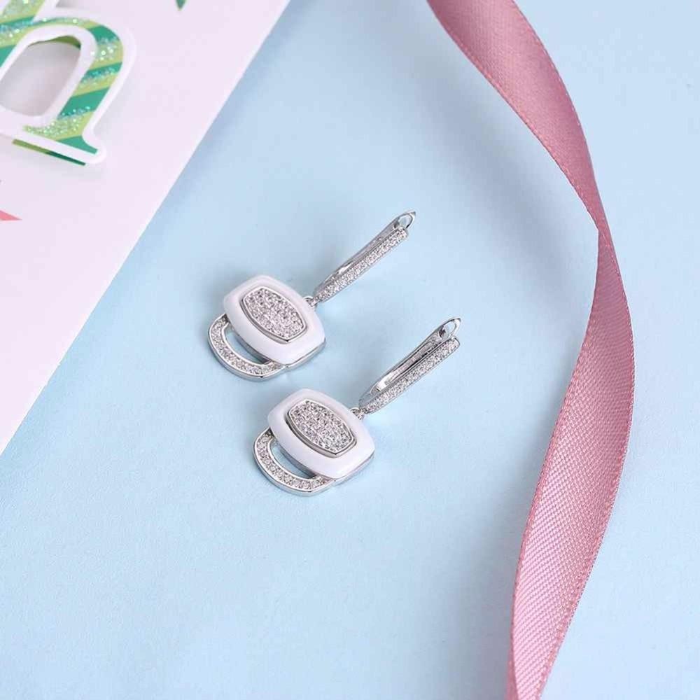 White Ceramic 925 Sterling Silver Crystals Drop Dangle Earrings Female Fine Jewelry Wedding Accessories Gift-Customized Jewel