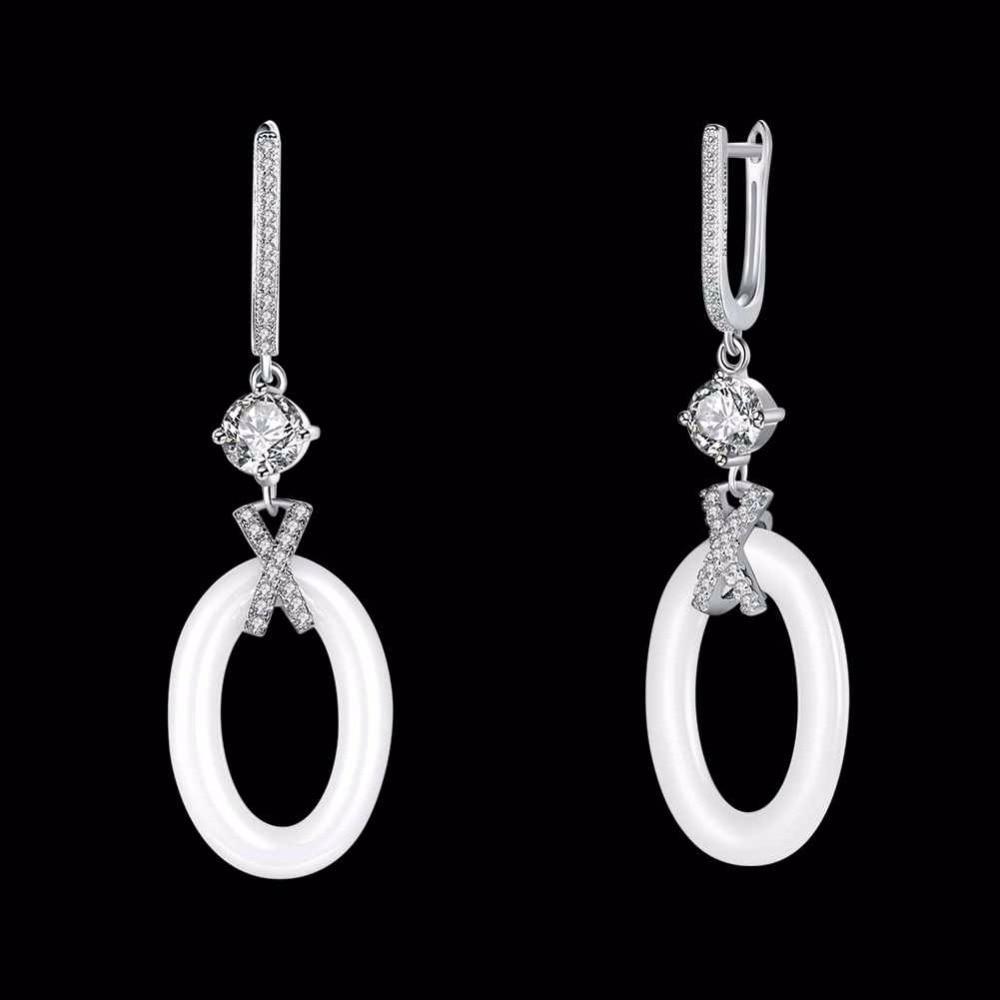 New Women Sterling Silver 925 Drop Earrings with White Ellipse Ceramic Zircon-Inserted Dangler Jewelry Gift-Customized Jewel
