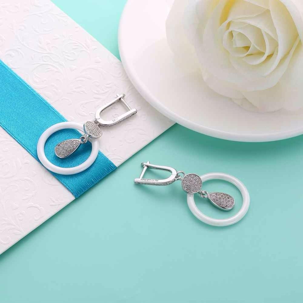 925 Sterling Silver White Ceramic Round Drop Earring, Water Droplet Style Dangle Jewelry for Women, Gift for Her-Customized Jewel