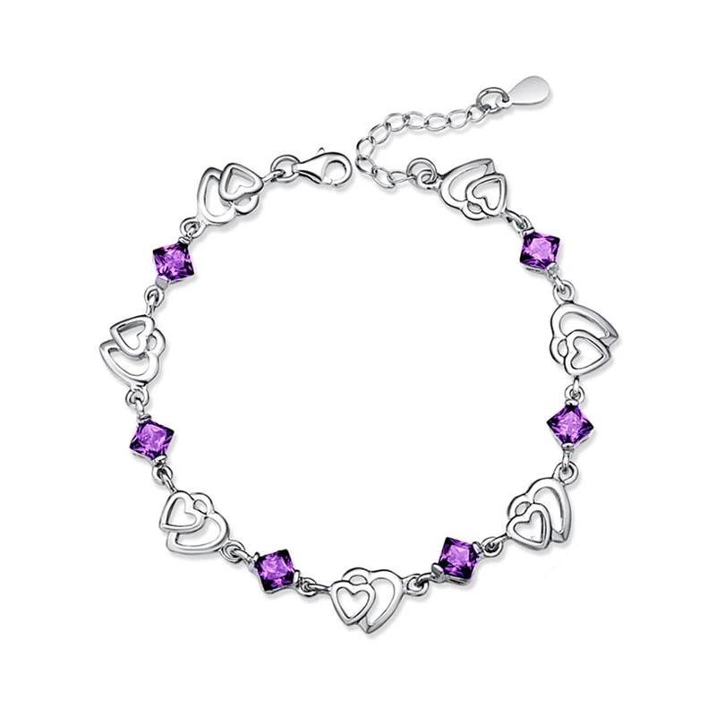 Women 925 Sterling Silver Heart to Heart Bracelets with Purple Rhombus Stone, Party Jewelry Gift for Women-Customized Jewel