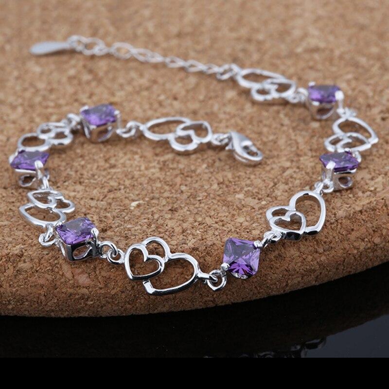 Women 925 Sterling Silver Heart to Heart Bracelets with Purple Rhombus Stone, Party Jewelry Gift for Women-Customized Jewel