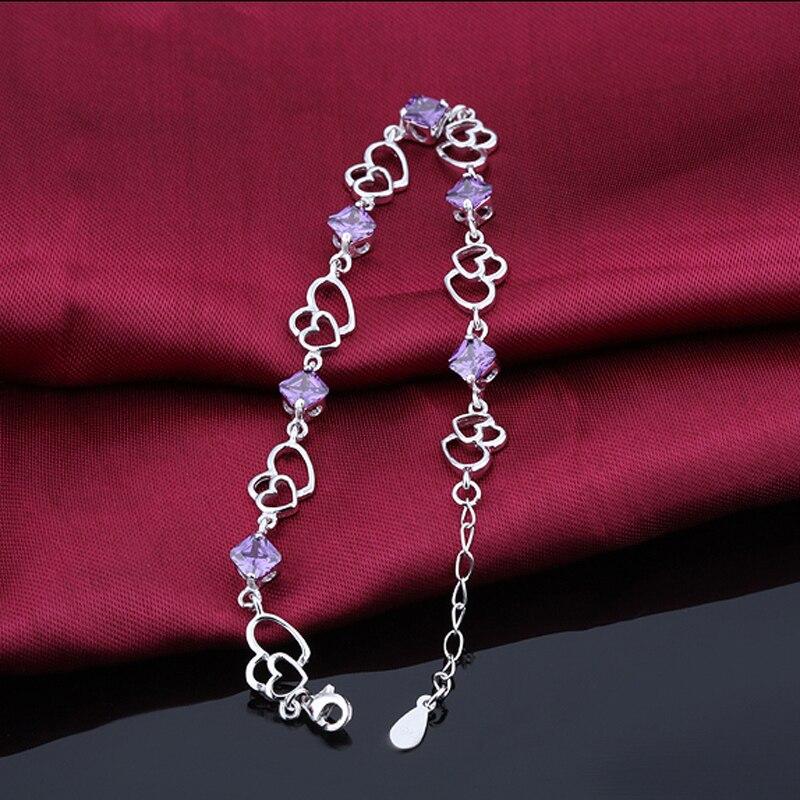 Women 925 Sterling Silver Heart to Heart Bracelets with Purple Rhombus Stone, Party Jewelry Gift for Women-Customized Jewel