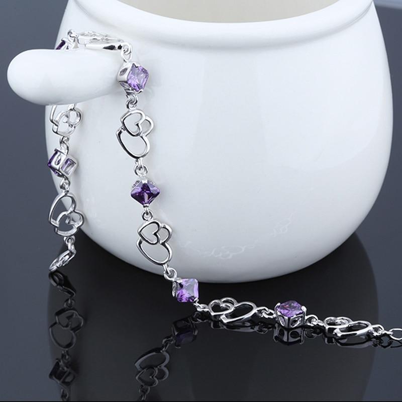 Women 925 Sterling Silver Heart to Heart Bracelets with Purple Rhombus Stone, Party Jewelry Gift for Women-Customized Jewel