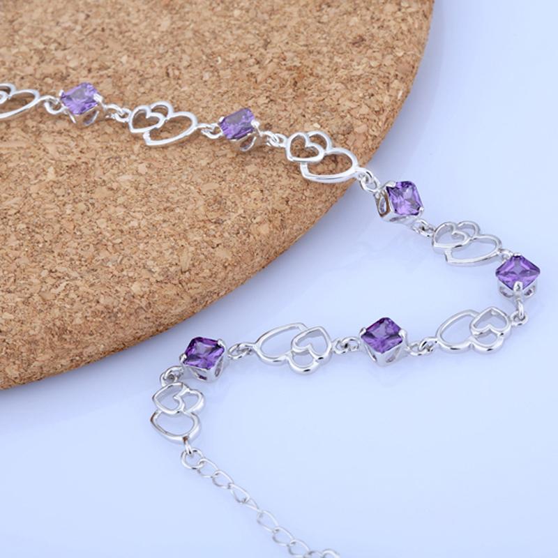 Women 925 Sterling Silver Heart to Heart Bracelets with Purple Rhombus Stone, Party Jewelry Gift for Women-Customized Jewel