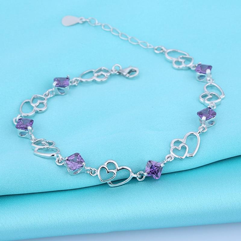Women 925 Sterling Silver Heart to Heart Bracelets with Purple Rhombus Stone, Party Jewelry Gift for Women-Customized Jewel