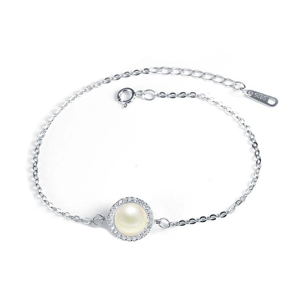 Women 925 Sterling Silver Adjustable Bracelet with Round Simulated Pearl, Party Jewelry Bracelets & Bangles-Customized Jewel