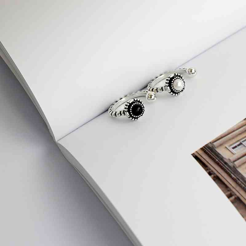925 Sterling Silver Bead Opening with Black Simulated Pearl Vintage Ring, Fashion Jewelry Gift for Women-Customized Jewel