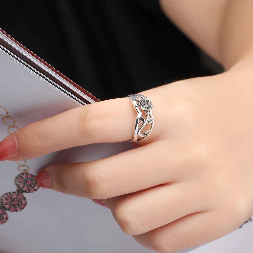 New Women Solid 925 Sterling Silver Rings Hollow Flower & Leaf Shape Fashion Jewelry Rings Gift For Girls-Customized Jewel