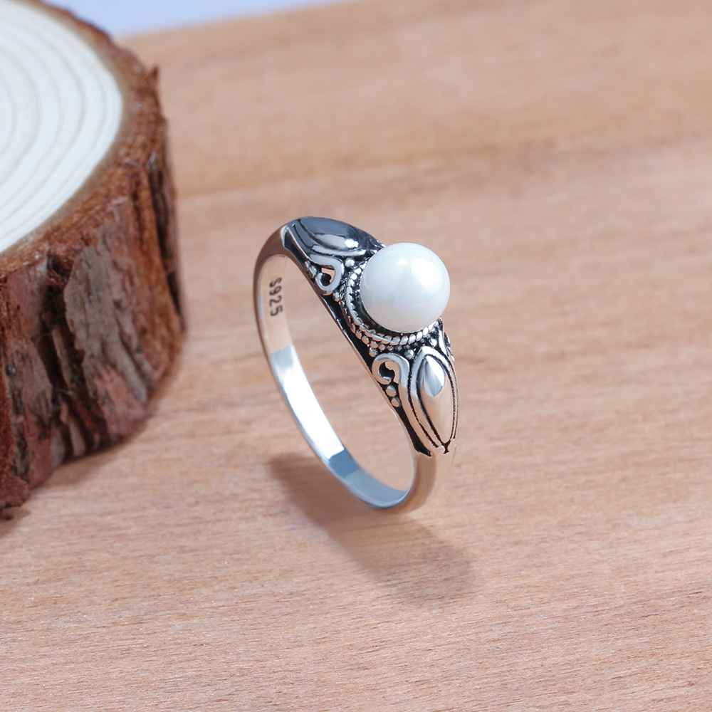 New Solid 925 Sterling Silver Rings for Women – Simulated Pearl Female Ring – Vintage Pattern Jewelry Gift for Girls -Customized Jewel