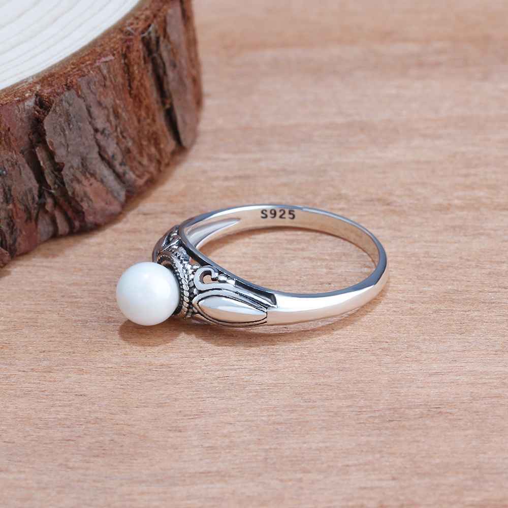 New Solid 925 Sterling Silver Rings for Women – Simulated Pearl Female Ring – Vintage Pattern Jewelry Gift for Girls -Customized Jewel