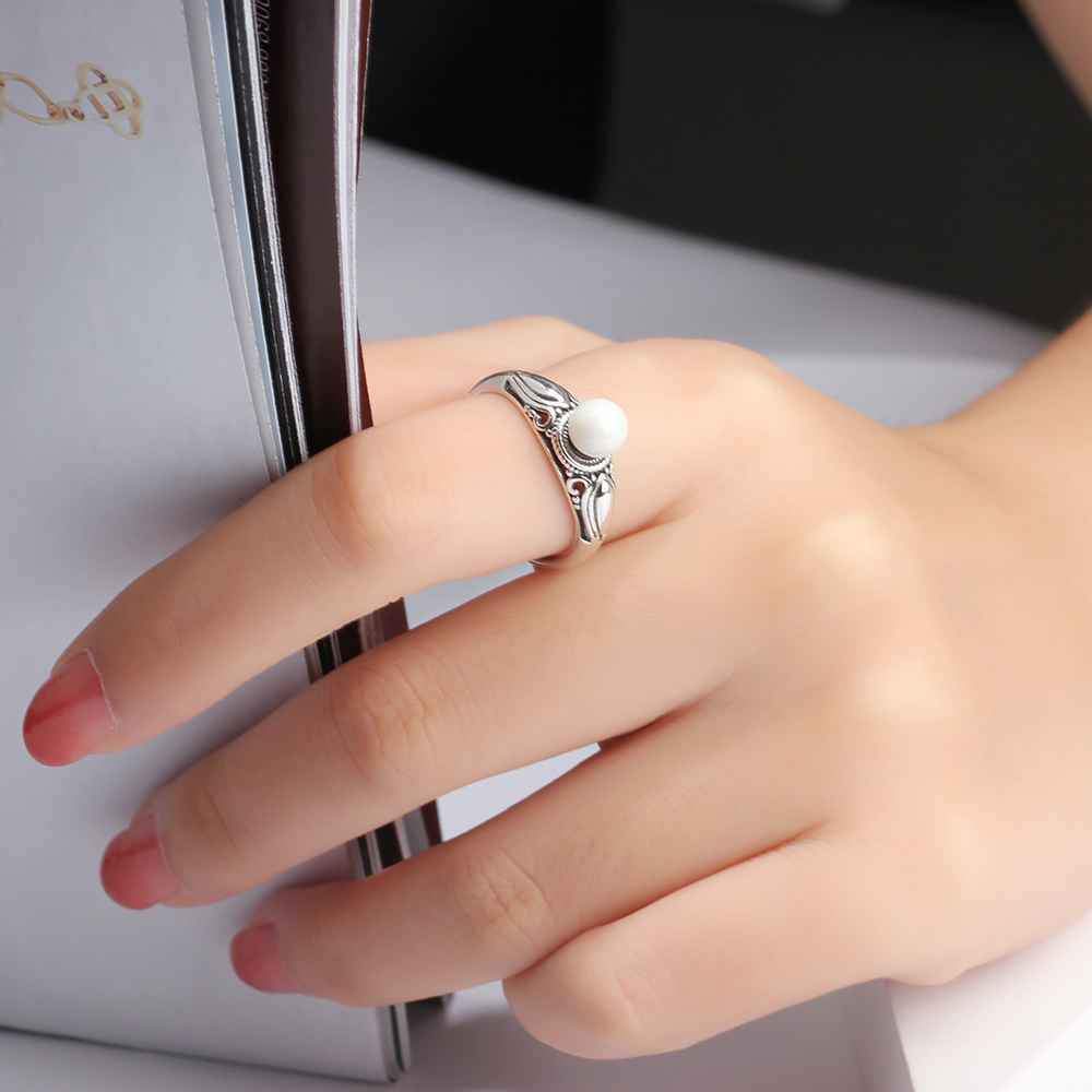 New Solid 925 Sterling Silver Rings for Women – Simulated Pearl Female Ring – Vintage Pattern Jewelry Gift for Girls -Customized Jewel