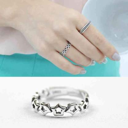 New Women Real 925 Sterling Silver Ring Open Adjustable Finger Ring with Stars Vintage Style Gift to Girls-Customized Jewel