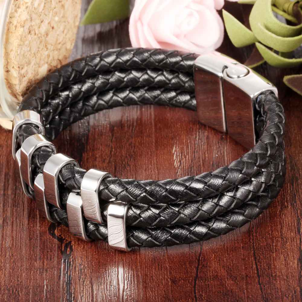 Stainless Steel Charm Bracelets & Bangles Fashion Men's Genuine Cowhide Rope Chain Bracelet Classic Style-Customized Jewel