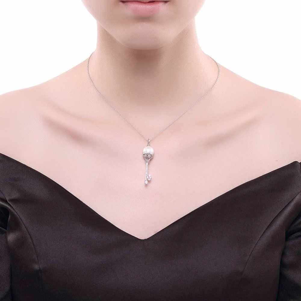 Solid Women’s 925 Sterling Silver Necklace with Key Design Simulated Pearl Pendant, Trendy Fashion Jewelry for Girls-Customized Jewel