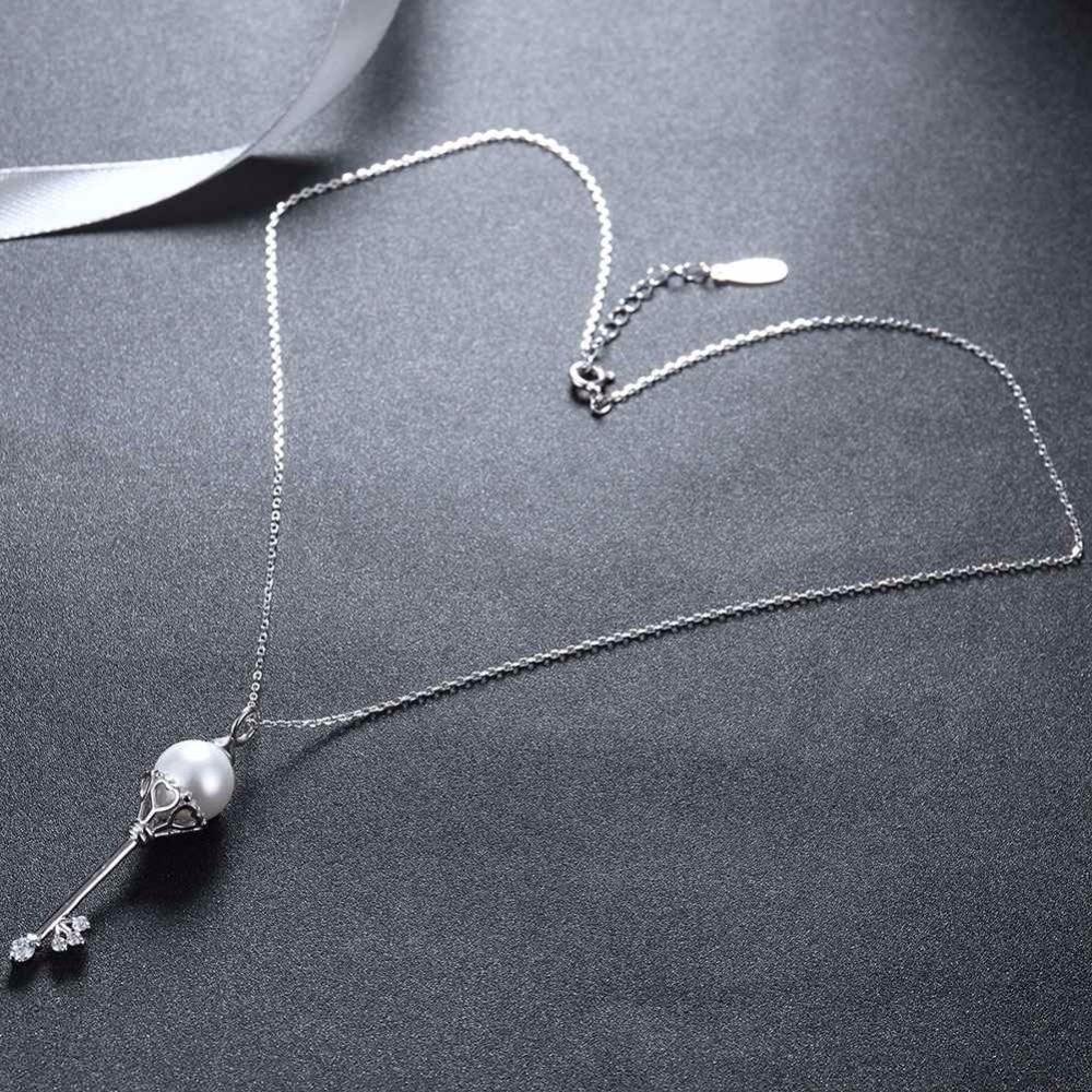 Solid Women’s 925 Sterling Silver Necklace with Key Design Simulated Pearl Pendant, Trendy Fashion Jewelry for Girls-Customized Jewel