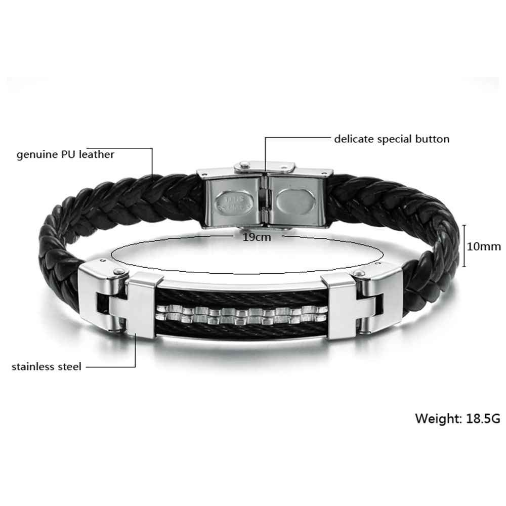 Wholesale Stainless Steel Men Jewelry Rope Bracelet Genuine PU Leather Specail Button For Men Bracelet-Customized Jewel