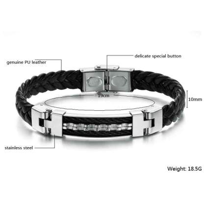 Wholesale Stainless Steel Men Jewelry Rope Bracelet Genuine PU Leather Specail Button For Men Bracelet-Customized Jewel