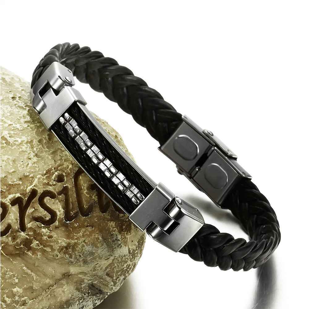 Wholesale Stainless Steel Men Jewelry Rope Bracelet Genuine PU Leather Specail Button For Men Bracelet-Customized Jewel