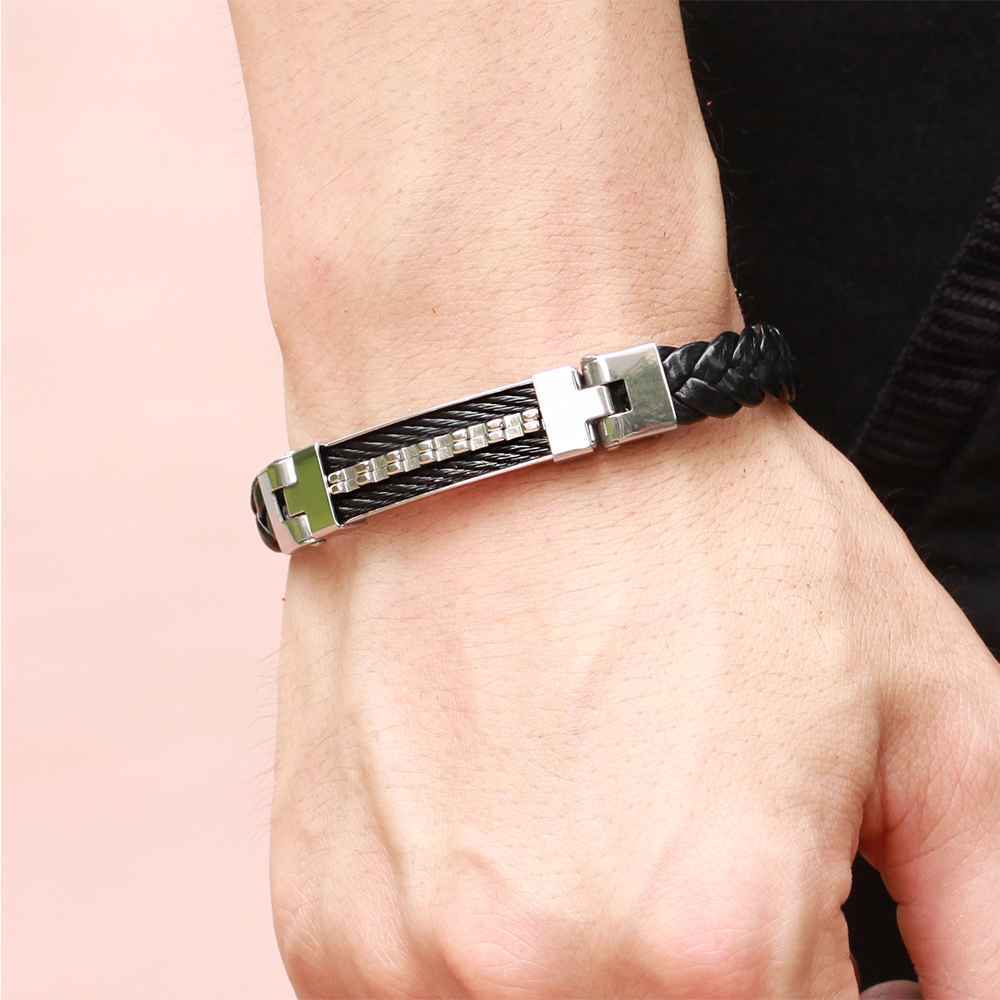 Wholesale Stainless Steel Men Jewelry Rope Bracelet Genuine PU Leather Specail Button For Men Bracelet-Customized Jewel