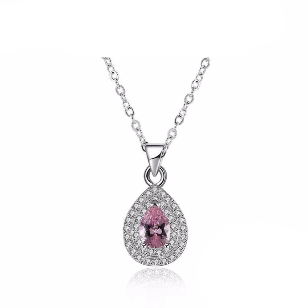 Solid Women’s 925 Sterling Silver Necklace with Water Drop Pink Stone Pendant, Trendy Wedding Jewelry for Ladies-Customized Jewel