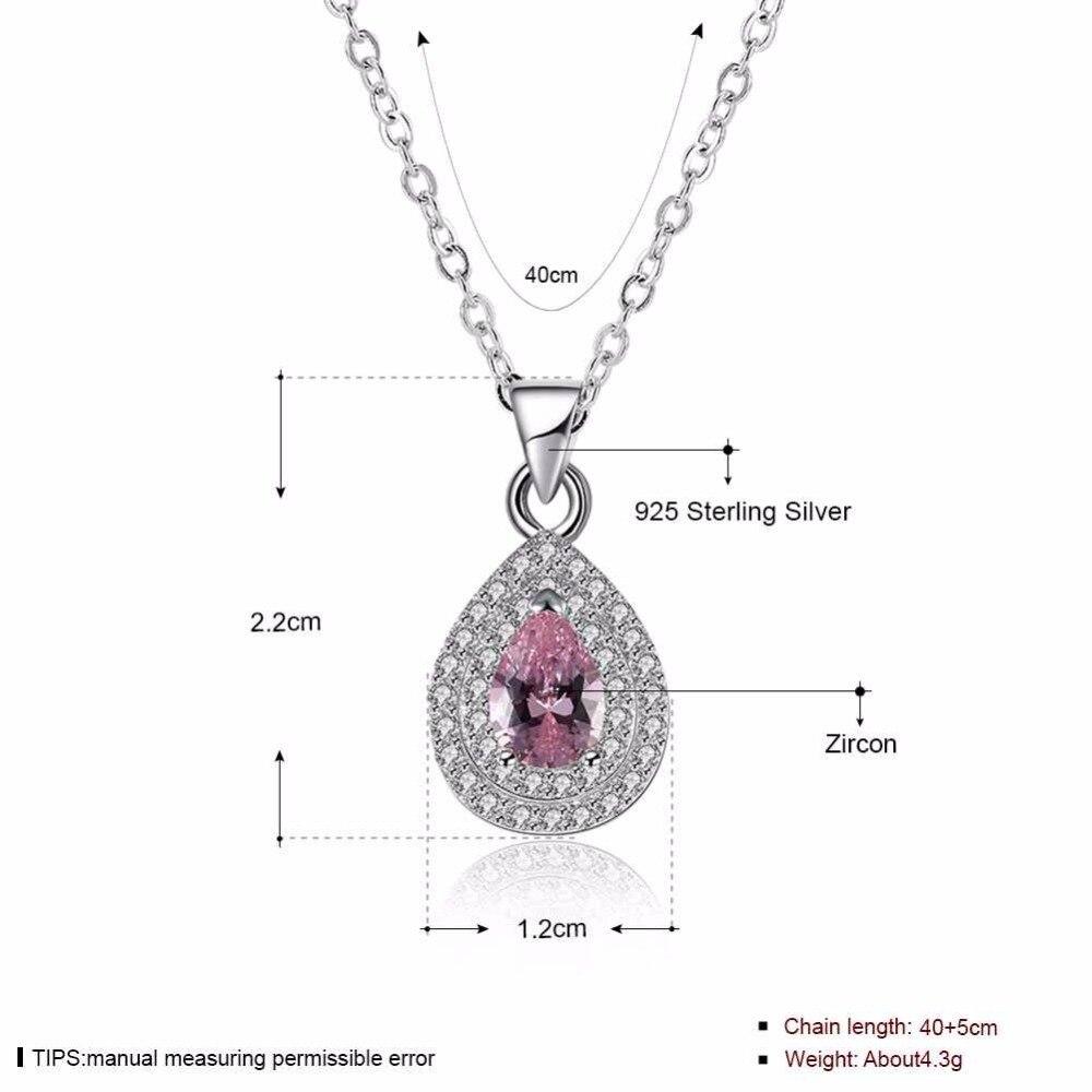 Solid Women’s 925 Sterling Silver Necklace with Water Drop Pink Stone Pendant, Trendy Wedding Jewelry for Ladies-Customized Jewel