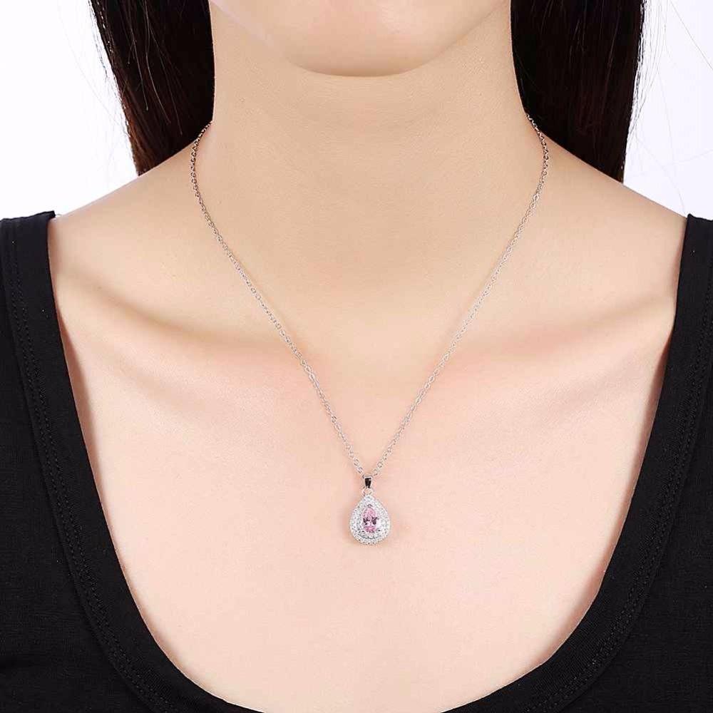Solid Women’s 925 Sterling Silver Necklace with Water Drop Pink Stone Pendant, Trendy Wedding Jewelry for Ladies-Customized Jewel