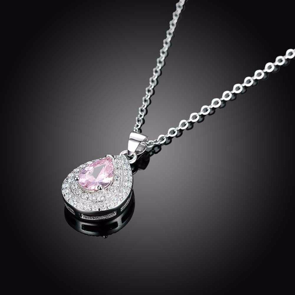 Solid Women’s 925 Sterling Silver Necklace with Water Drop Pink Stone Pendant, Trendy Wedding Jewelry for Ladies-Customized Jewel