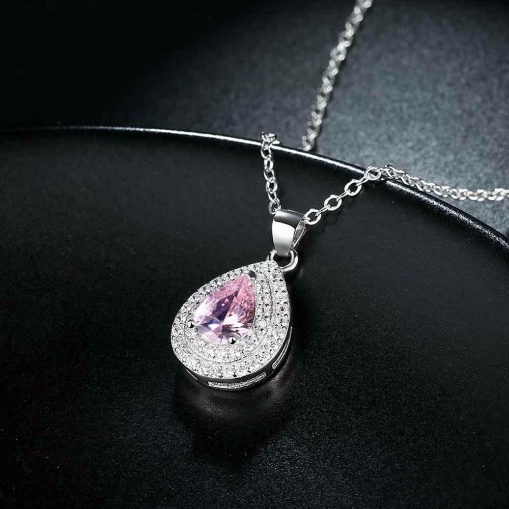 Solid Women’s 925 Sterling Silver Necklace with Water Drop Pink Stone Pendant, Trendy Wedding Jewelry for Ladies-Customized Jewel