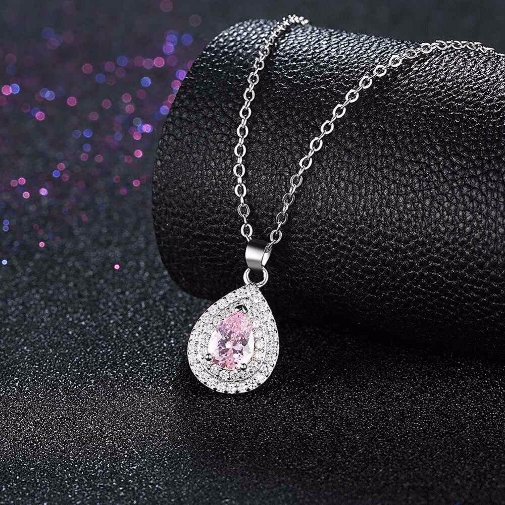 Solid Women’s 925 Sterling Silver Necklace with Water Drop Pink Stone Pendant, Trendy Wedding Jewelry for Ladies-Customized Jewel